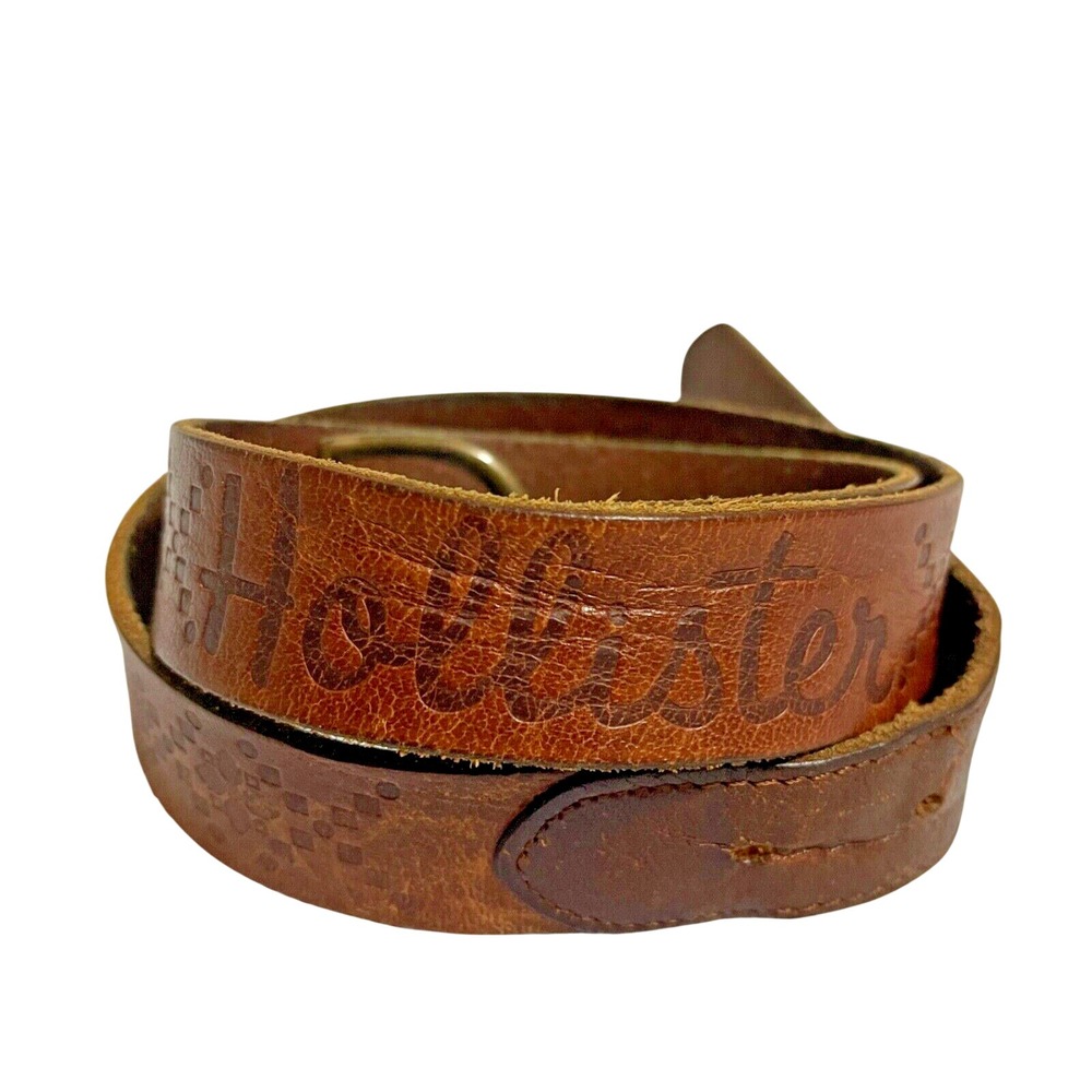 Hollister Belt Womens M/L Brown Leather Debossed Logo Western Y2K Festival Boho